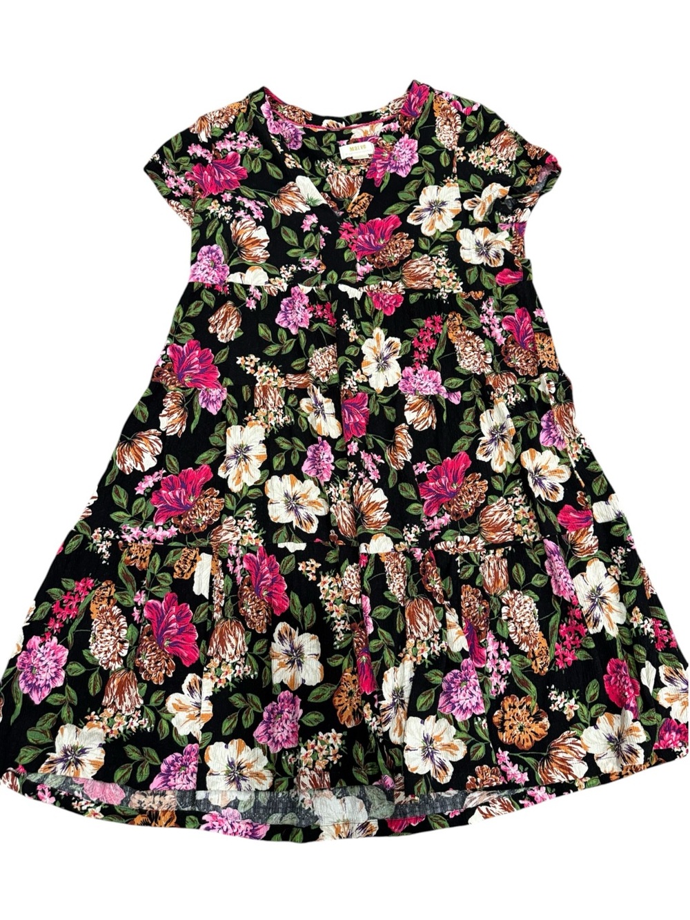 Maeve Black Floral Tiered Dress with Pink & Cream Blooms